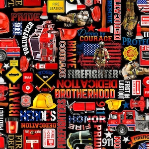 Fire Rescue - Firefighter Equipment and Text Fabric by Timeless Treasures | Quilting Cotton | Fireman Helmet Hose Fire Truck Print