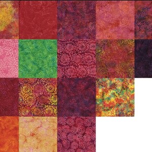 May include: A collection of 16 fabric squares in various shades of red, pink, green, and purple. Each square features a different pattern of small dots or floral designs.