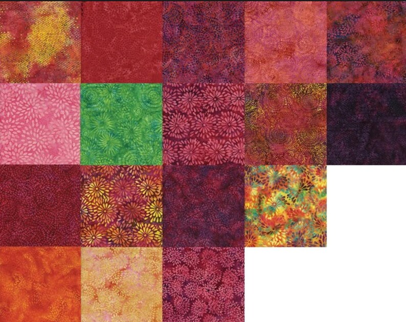 May include: A collection of 16 fabric squares in various shades of red, pink, green, and purple. Each square features a different pattern of small dots or floral designs.