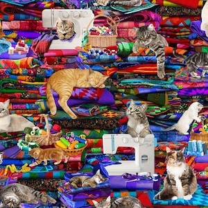 May include: A vibrant patchwork quilt featuring multiple cats, sewing machines, baskets of thread, and spools. The quilt is made of various fabrics in shades of red, blue, green, and purple. Cats are resting on the quilt and near the sewing machines.