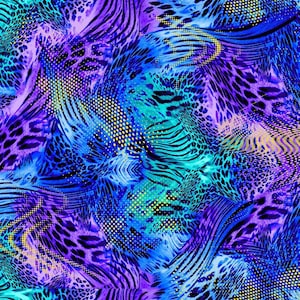 May include: Abstract seamless pattern with a mix of animal prints in shades of blue, purple, and teal. The pattern features leopard, zebra, and cheetah prints, as well as a dotted pattern.