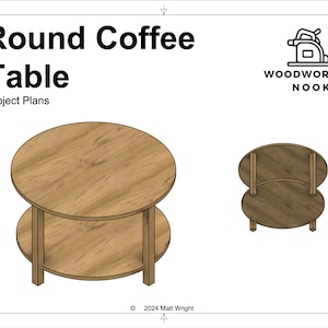 May include: A woodworking project plan for a round coffee table with two shelves. The table is made of wood and has a natural finish. The plan includes a diagram of the table and instructions on how to build it.