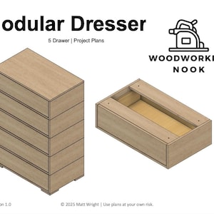 May include: An illustration of a modular dresser with five drawers, and a single drawer. The dresser is light brown, with a simple design. The image includes the text "Modular Dresser" and "Woodworking Nook".