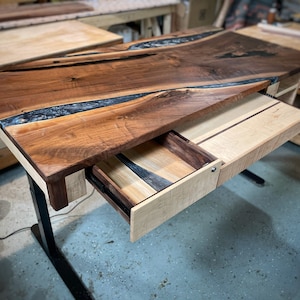 Walnut & Curly Maple River Desk with Motorized Legs