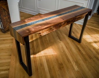 Highly Figured Walnut River Console Table with Silver Resin/Epoxy