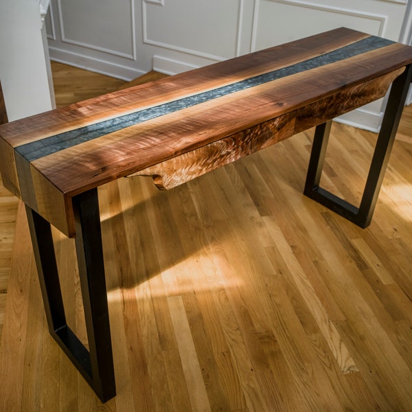 Highly Figured Walnut River Console Table with Silver Resin/Epoxy