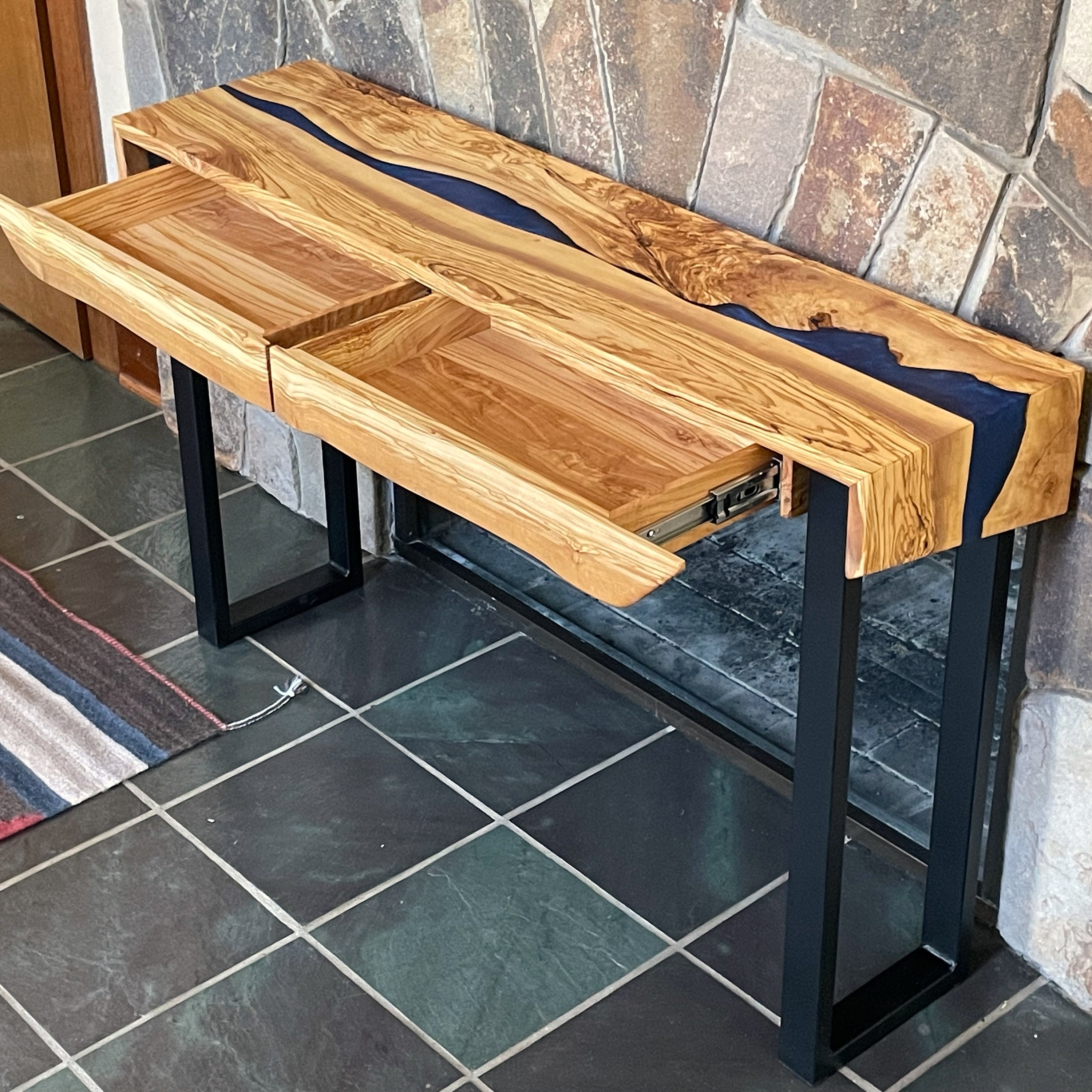 Olivewood River Console Table With Cobalt Blue Resin epoxy Etsy