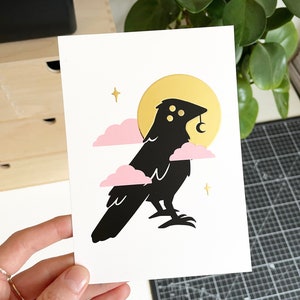 Carte postale en feuille d'or Spirit Crow - Mini-impression d'art céleste - Illustration de Moonchild