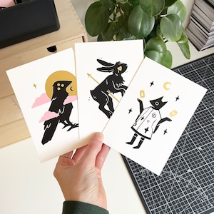 Ensemble de 3 cartes en feuille d'or - Cupid's Curse - Fortune Teller - Spirit Crow - Ensemble de cartes postales - Mini tirages d'art