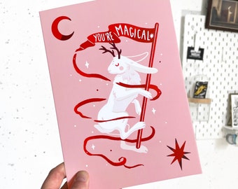 You're Magical - Bunny greeting card - Jackalope art gift - Folded wishing card - A5 size