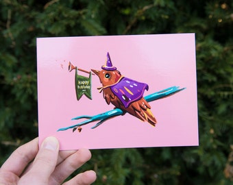 Cartão de felicitações para presente de feliz aniversário, impressões de arte da natureza de animais de pássaros, presente de desenho de pássaro fofo para ela-cartão de pássaro mágico a6