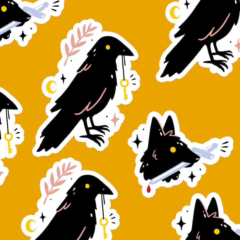 May include: A digital illustration of a repeating pattern featuring black crows with gold keys, a wolf head with a dagger through it, and crescent moons on a yellow background.