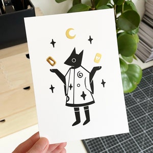 La carte postale en feuille d'or Fortune Teller - Mini impression d'art céleste - Illustration de cartes de tarot
