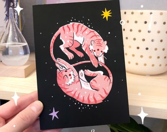 Uma conexão sobrenatural - Cartão de tigre fofo - impressão artística de tigre celestial - presente duplo - cartão de amizade de aniversário - Impressão A6