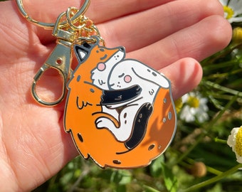 Cute animals Enamel keychain - Bunny & Fox keyring - Cute Couple keychain gift