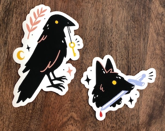 Mythological animal stickers - Crow and wolf sticker set - Die cut vinyl stickers
