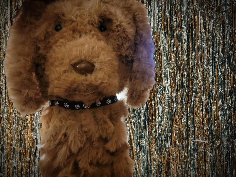 May include: A plush brown dog toy with a black collar featuring white paw prints. The dog has a fluffy, curly coat and a dark brown nose. The background is a shiny, textured silver and gold.
