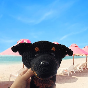 May include: A handmade crochet Rottweiler dog head with black yarn and brown accents. The dog has a detailed snout and ears. The background shows a beach scene with pink umbrellas, white lounge chairs, and a blue sky.