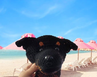 May include: A handmade crochet Rottweiler dog head with black yarn and brown accents. The dog has a detailed snout and ears. The background shows a beach scene with pink umbrellas, white lounge chairs, and a blue sky.