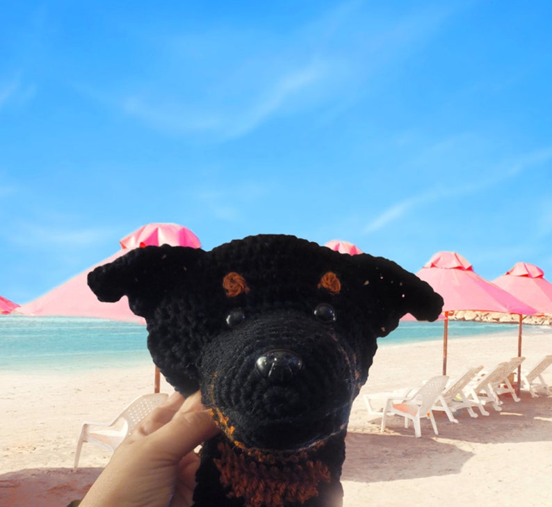 May include: A handmade crochet Rottweiler dog head with black yarn and brown accents. The dog has a detailed snout and ears. The background shows a beach scene with pink umbrellas, white lounge chairs, and a blue sky.
