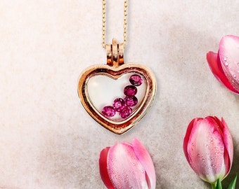 Heart Floating Locket, Rose Gold Locket Necklace, mothers day gift, Heart Locket, Personalized Birthstone Necklace, Gemstone Locket