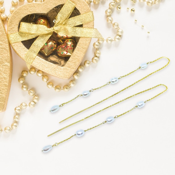 Cultured Pearls Gold Threader Earrings, June Birthday Gift, Fresh Water Pearls Thread Earrings, Pull Through Earring, Modern Pearl Jewelry