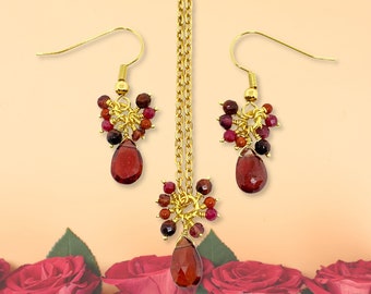 Garnet Jewelry Set, January Birthday Valentines 2nd Anniversary Gift For Her, Red Garnet Pendant Garnet Drop Earrings, 6th Anniversary Gift