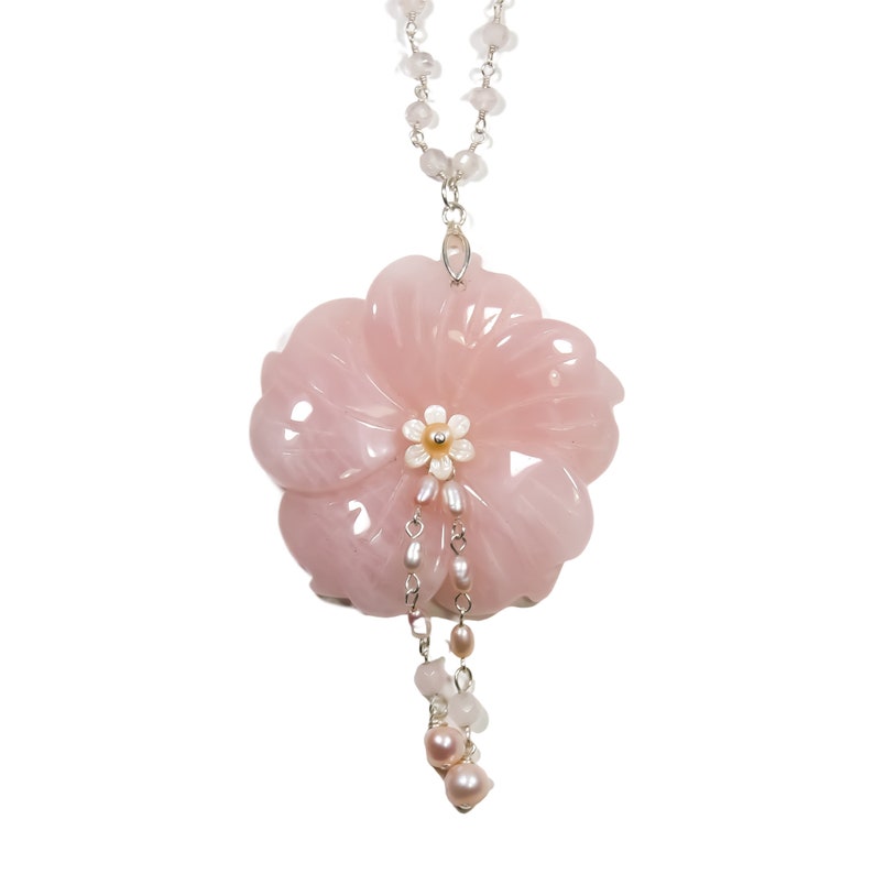 Rose Quartz Flower Statement Necklace Carved Floral Rose Etsy