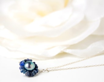 Single Pearl Pendant Blue Sapphire Choker, September Birthstone, 5 Year Anniversary, Halo Pendant, Modern Pearl Jewelry, Real Pearl Necklace