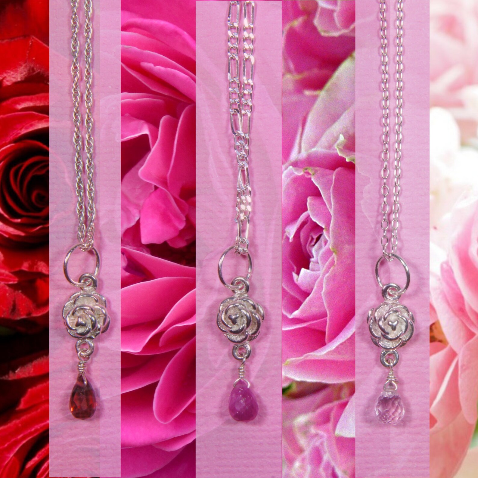 Sterling Silver Rose Necklace Gemstone Charm Flower Pendant Etsy