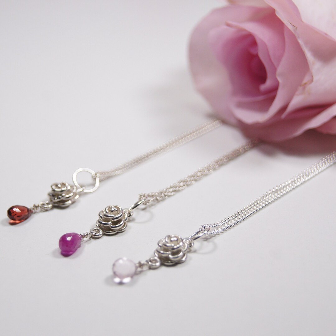 Sterling Silver Rose Necklace Gemstone Charm Flower Pendant - Etsy
