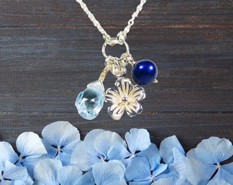Blaue Topas Kette Zierlicher Blüten Anhänger - November Geburtsstein Halskette - Blaue Topas Blume Halskette Sterling Silber - zierliche Blumen Halskette