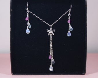 Mothers Day Gift for her - Silver Butterfly Gemstone Necklace & Earrings Set - Moonstone Pink Sapphire Blue Topaz Family Birthstone Jewelry