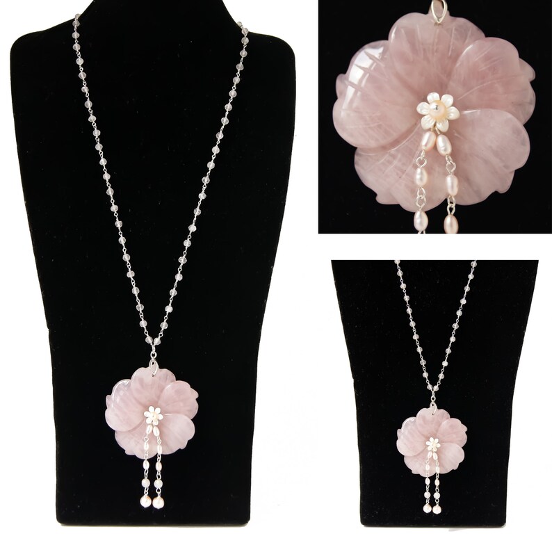 Rose Quartz Flower Statement Necklace Carved Floral Rose Etsy