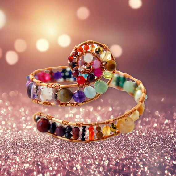 Multicolour Gemstone Spiral Upper Arm Cuff Rainbow Bracelet Boho