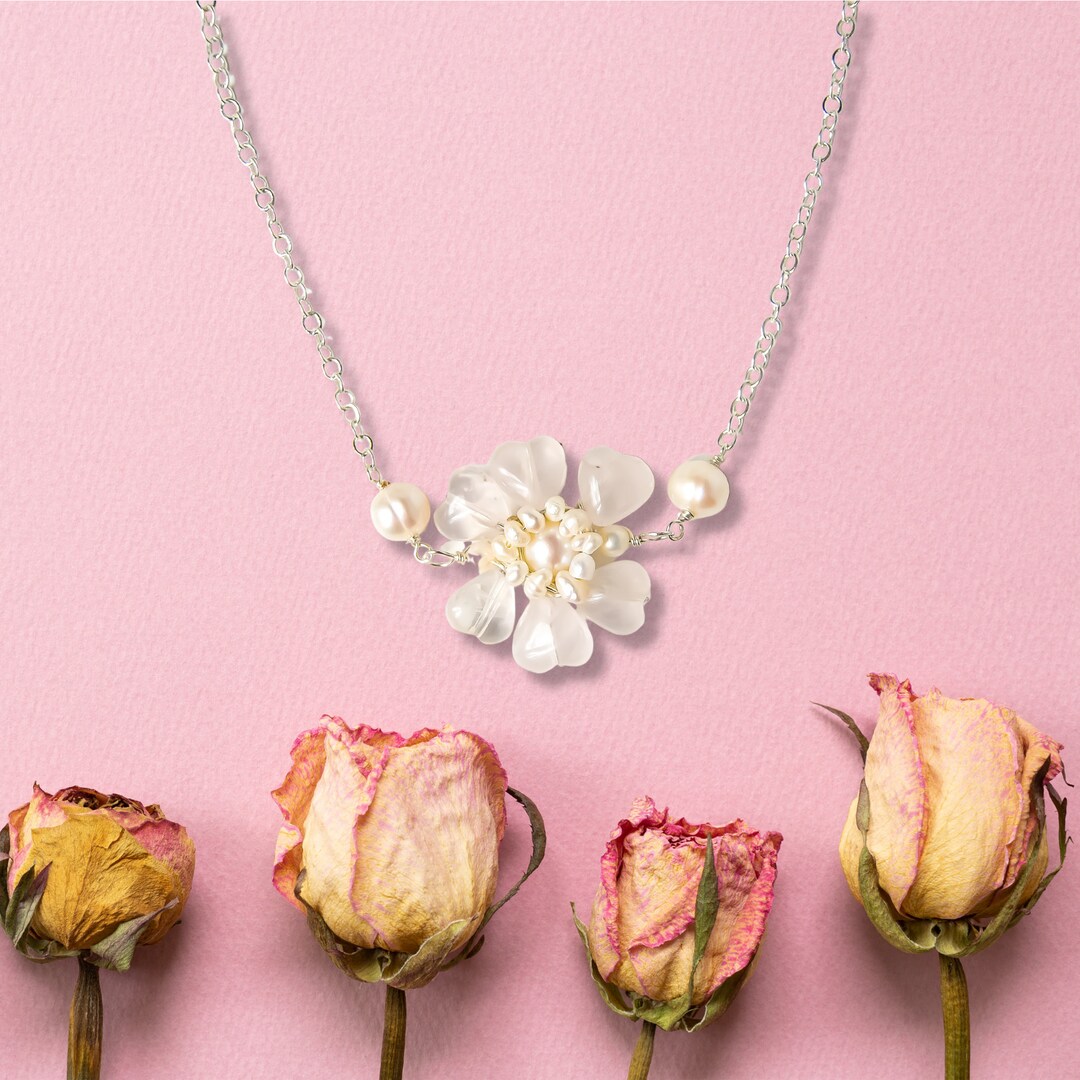 Pink Flower Necklace Rose Quartz Flower Choker Rose Quartz Etsy