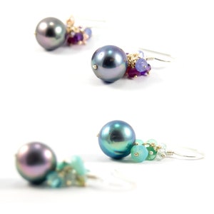 Black Pearl Earrings with Family Birthstones Peacock Pearl Colorful Birthstone Earrings Personalized Christmas Gift for Family image 8