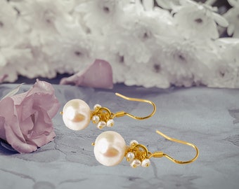 White Pearl Earrings Gold - Genuine Pearl Cluster Earrings for Bride - June Birthstone Pearl Dangle Earrings - Bridal Pearl Drop Earrings