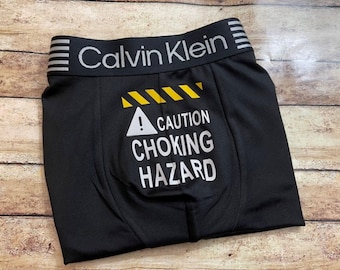 Choking Hazard Boxer Briefs: Humorous Gag Gift Underwear, Funny Valentines Gag Gift, CK Stripe waist