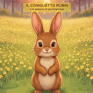 Può includere: Illustrazione di un coniglio marrone con grandi occhi, in piedi in un campo di fiori gialli. Il coniglio ha lunghe orecchie e sorride. Il testo "IL CONIGLIETTO ROBIN e la polvere di perlimpinpin" è visibile in alto.