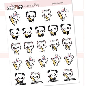 Personaggi che tengono una matita che scrive / lavoro / studio / pianificazione / adesivi con personaggi kawaii / adesivi decorativi carini per planner / 099