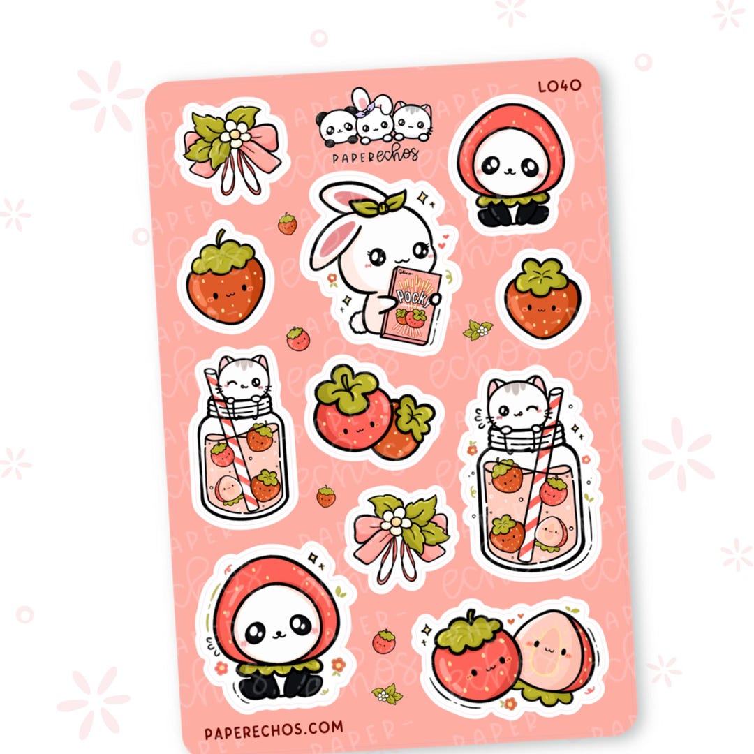 Strawberry / Fruit / Strawberry Sticker / Pink and Green / Large ...