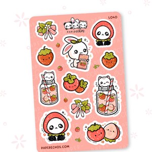 Erdbeere / Kawaii Obst / Erdbeeren Aufkleber / Kawaii Rosa und Grün / Groß / Kawaii / Dekorative Planer Aufkleber / L040