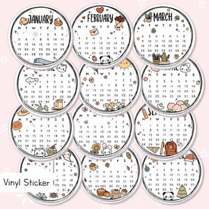 May include: A set of twelve circular vinyl stickers, each displaying a monthly calendar. The calendars are adorned with seasonal illustrations and the month's name.