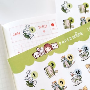 Couverture date muguet / Papeterie / Sticker floral / Stylo plume et encre / Kawaii / Stickers agenda fonctionnel personnage mignon / L020