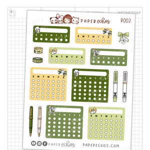Könnte beinhalten: Ein Set mit 10 Planer-Stickern mit einem Panda, einem Hasen und einem Mädchen mit Schleife. Die Sticker sind in Grün, Gelb und Weiß. Die Sticker beinhalten einen Wochenkalender, einen Habit Tracker und einen Stift.