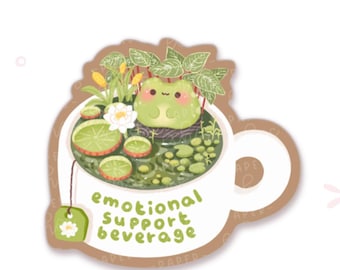 Emotional Support Beverage / Tea Time / Frog Character Waterproof Vinyl Die Cut Sticker /D157