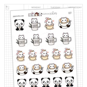 Peut inclure: Une planche d'autocollants avec des illustrations mignonnes de pandas, chats et lapins. Les dessins incluent des tasses à café et des tasses à thé. Le mot "COFFEE" est sur certaines tasses. Le site web "paperechos.com" est également visible.