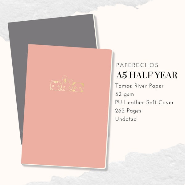 Tomoe River Paper Echo A5 Planner - Half Year / 6 Months Planner / Monthly Weekly Daily Grid Pages / Pink and Grey Colours Character Planner