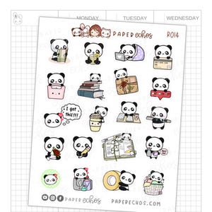 May include: A sheet of stickers featuring adorable panda bears in various poses and activities. The stickers are perfect for adding a touch of cuteness to planners, journals, laptops, and more. The stickers include a panda reading a book, a panda drinking tea, a panda working on a laptop, a panda holding a gift, a panda holding a phone, a panda holding a cup of coffee, a panda holding a pencil, a panda holding a flower, a panda holding a cup of tea, a panda holding a roll of tape, a panda holding a basket of flowers, and a panda holding a book. The stickers are printed on high-quality paper and are easy to peel and stick.
